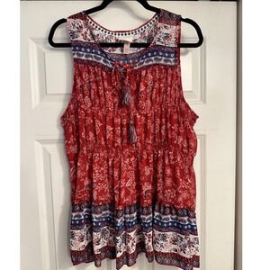 Knox Rose Red Floral Sleeveless‎ Tassels Tie Neck Ruffle Hem Top Size XXL